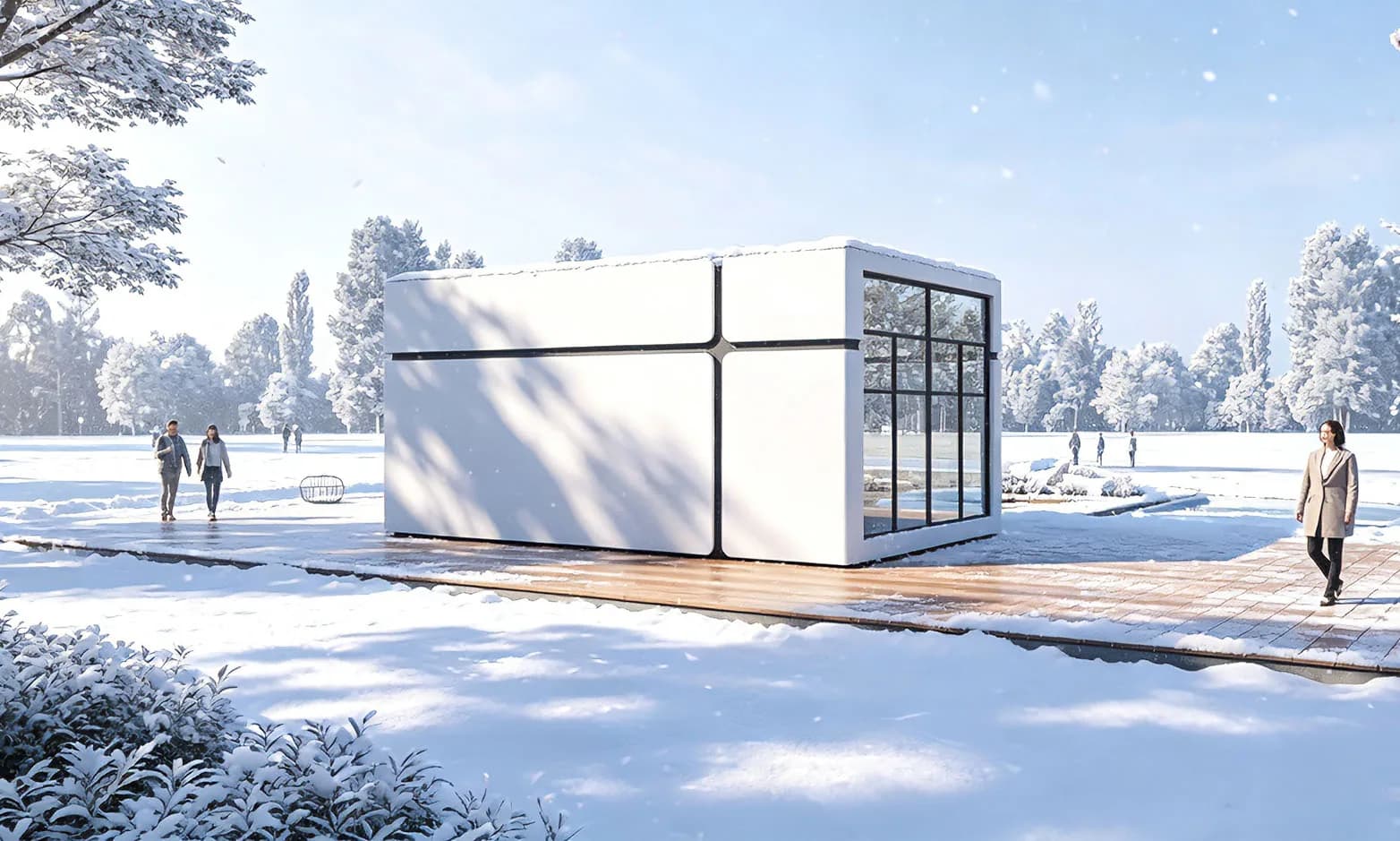 小筑科技 模块化服务驿站 — 雪景公园中的模块化玻璃驿站,白色金属板搭配木平台,简洁通透,适配咖啡休憩与游客服务。