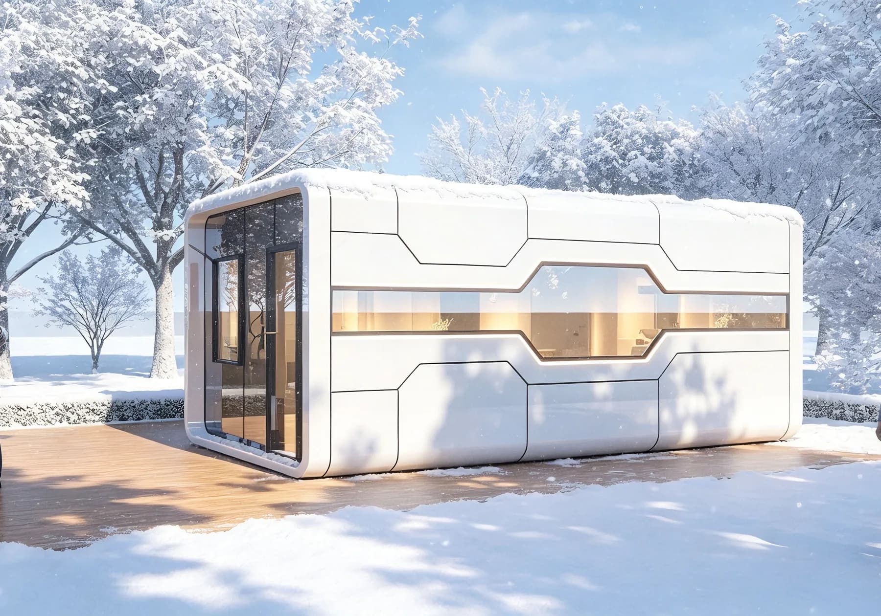 小筑科技 雪林舱式民宿 — 雪林中的模块化舱式建筑,白色曲面外壳配全景玻璃,暖光通透,适合民宿与营地接待。